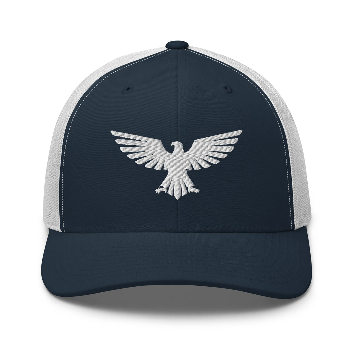 Navy White, snapback hat, with embroidered patriotic eagle crest, front view