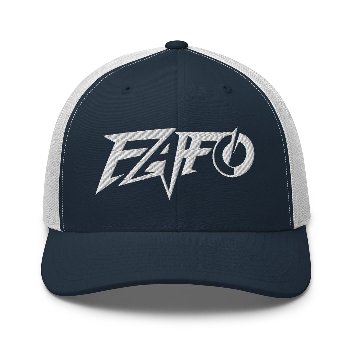 Navy White snapback trucker cap with embroidered FAFO Power design, front view