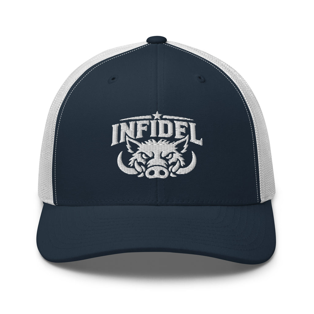 Navy White snapback trucker cap with embroidered INFIDEL War Pig design, front view