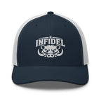 Navy White snapback trucker cap with embroidered INFIDEL War Pig design, front view