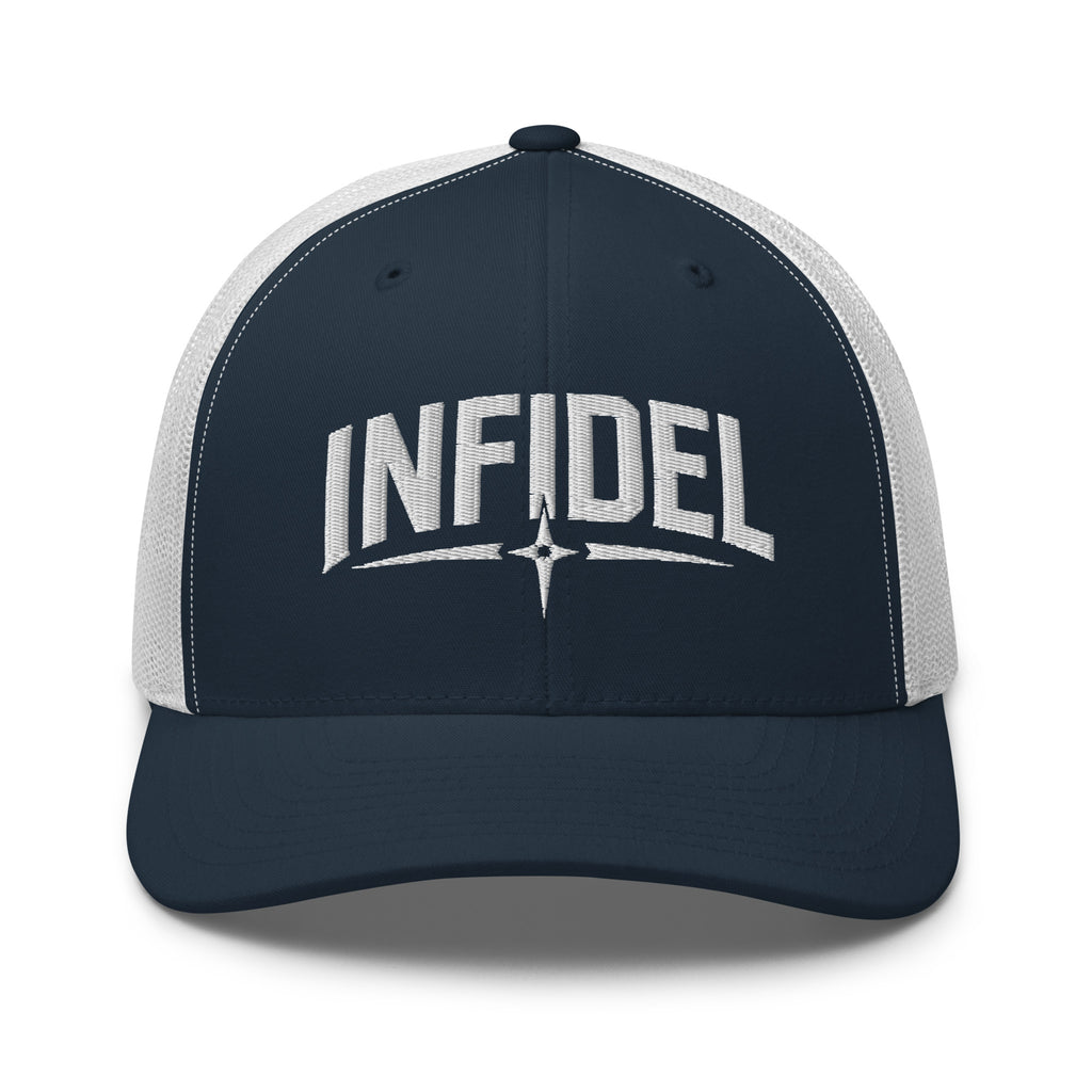 Navy White snapback trucker cap with embroidered Infidel Spike design, front view
