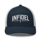 Navy White snapback trucker cap with embroidered Infidel Spike design, front view