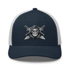 Navy White snapback trucker cap with embroidered Only Fear Infidel reaper design, front view