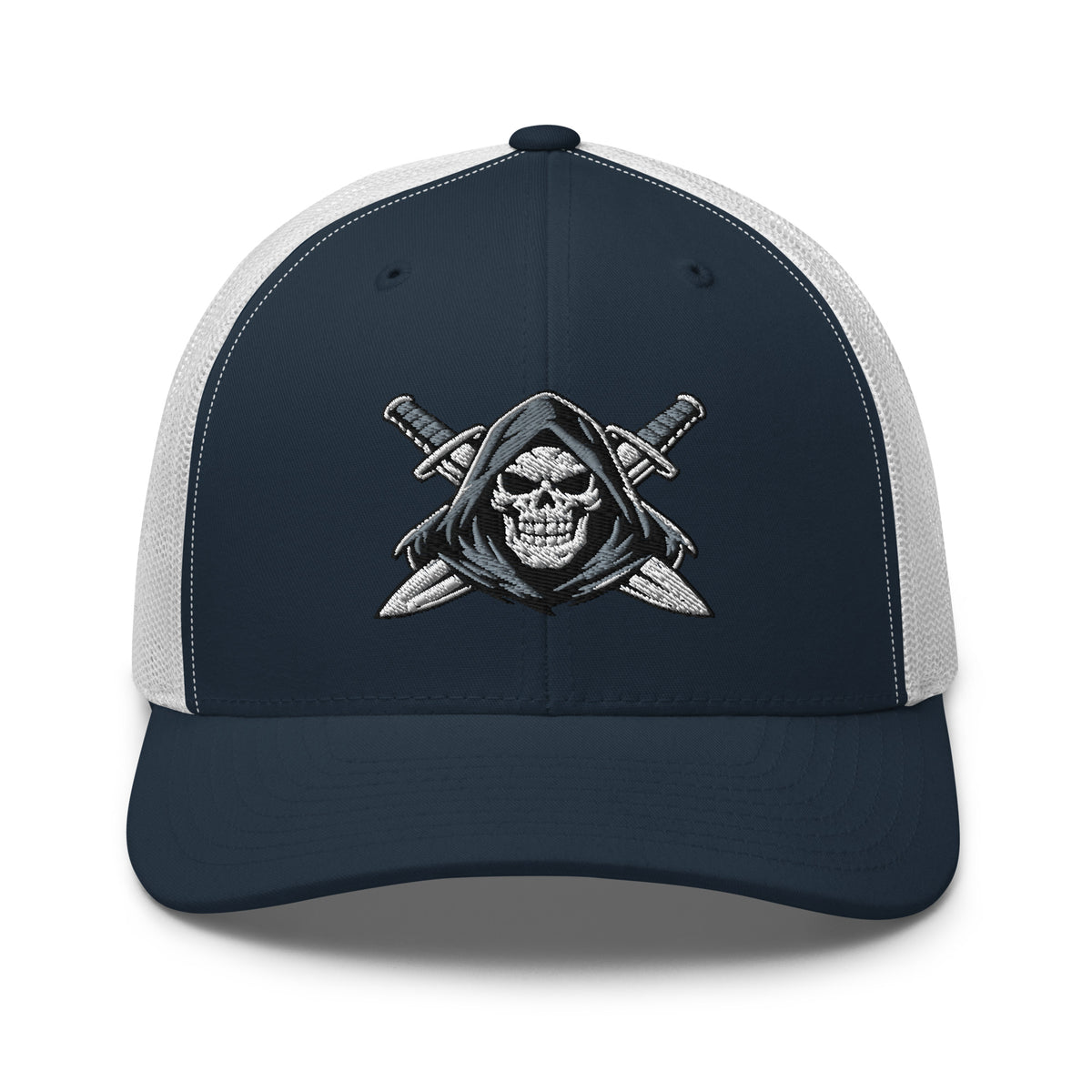 Navy White snapback trucker cap with embroidered Only Fear Infidel reaper design, front view