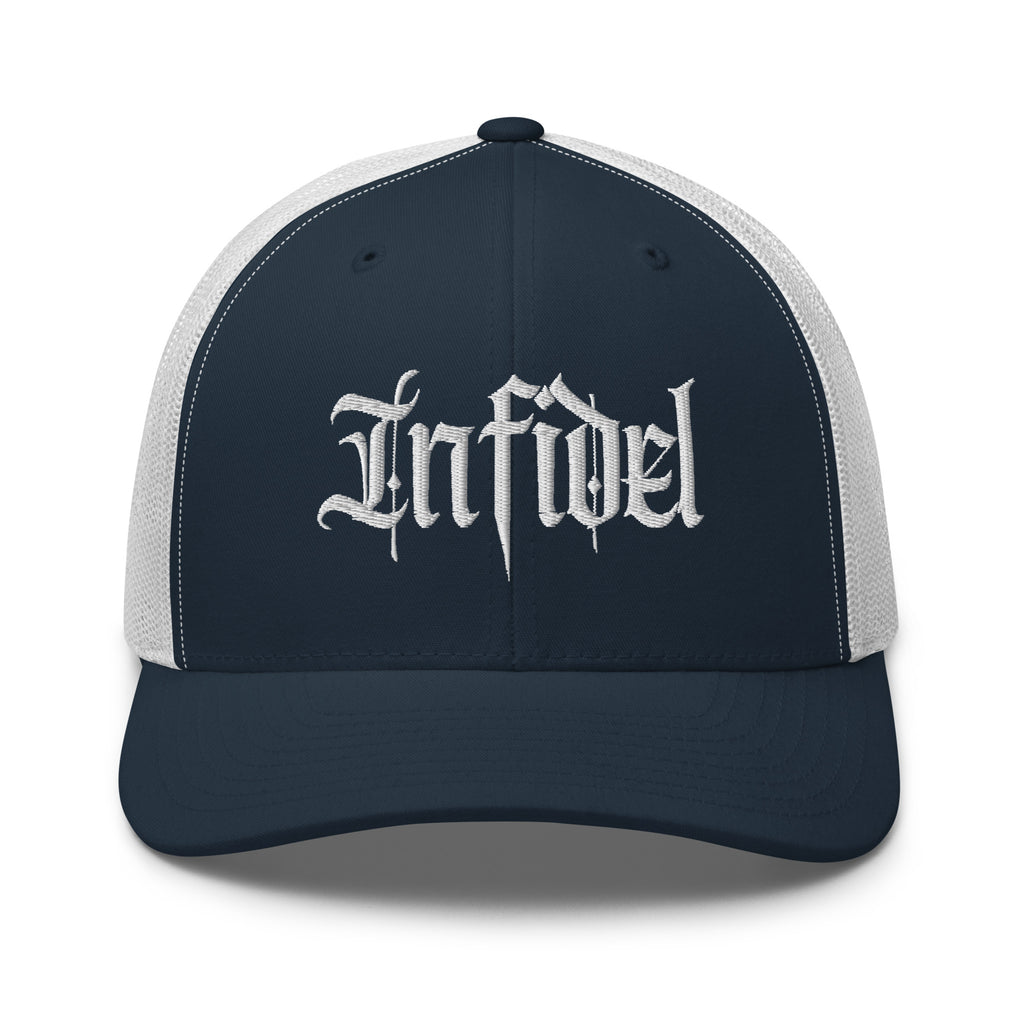 Navy White snapback trucker cap with embroidered Infidel Script design, front view