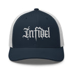 Navy White snapback trucker cap with embroidered Infidel Script design, front view