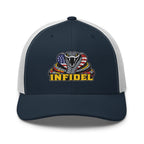 Navy White mesh-back trucker cap with embroidered INFIDEL USA Flag Cobra front design, front view