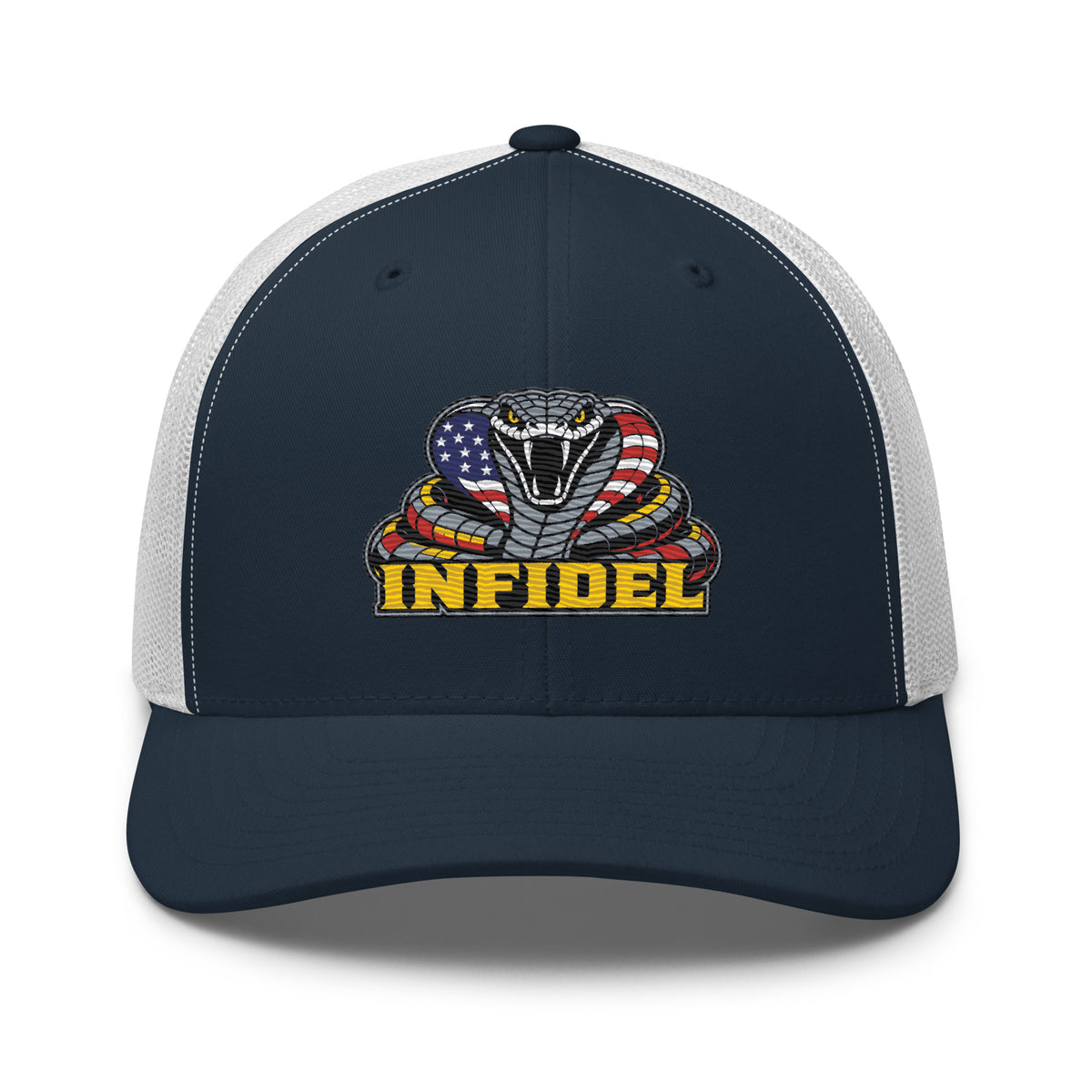 Navy White mesh-back trucker cap with embroidered INFIDEL USA Flag Cobra front design, front view