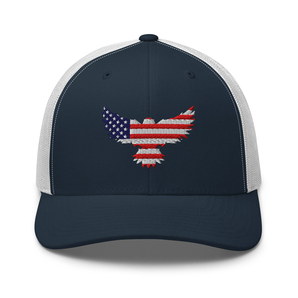 Navy White trucker snapback cap, front view with Old Glory Eagle embroidery