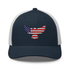 Navy White trucker snapback cap, front view with Old Glory Eagle embroidery