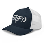 Navy White snapback trucker cap with embroidered FAFO Power design, left front view