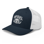 Navy White snapback trucker cap with embroidered INFIDEL War Pig design, left front view