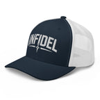 Navy White snapback trucker cap with embroidered Infidel Spike design, left front view