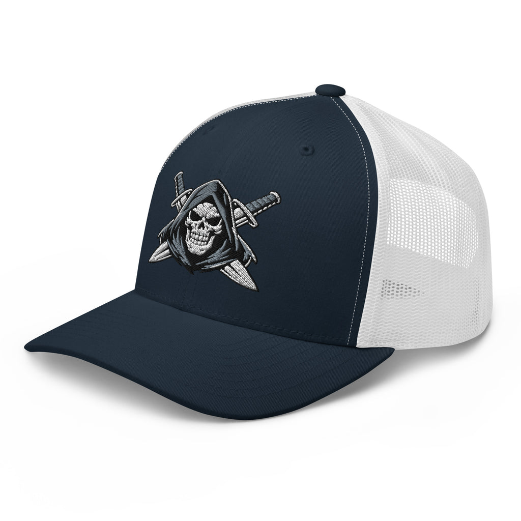 Navy White snapback trucker cap with embroidered Only Fear Infidel reaper design, left front view