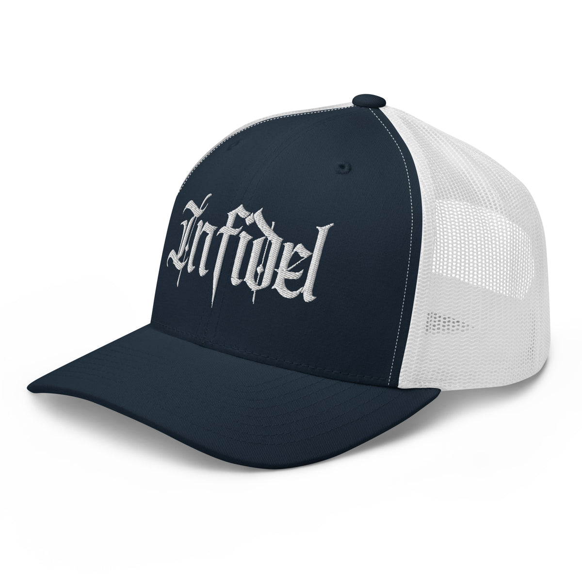 Navy White snapback trucker cap with embroidered Infidel Script design, left front view