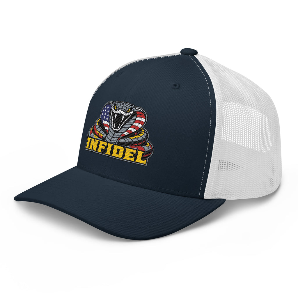 Navy White mesh-back trucker cap with embroidered INFIDEL USA Flag Cobra design, left front view