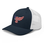 Navy White trucker snapback cap, left front view with Old Glory Eagle embroidery