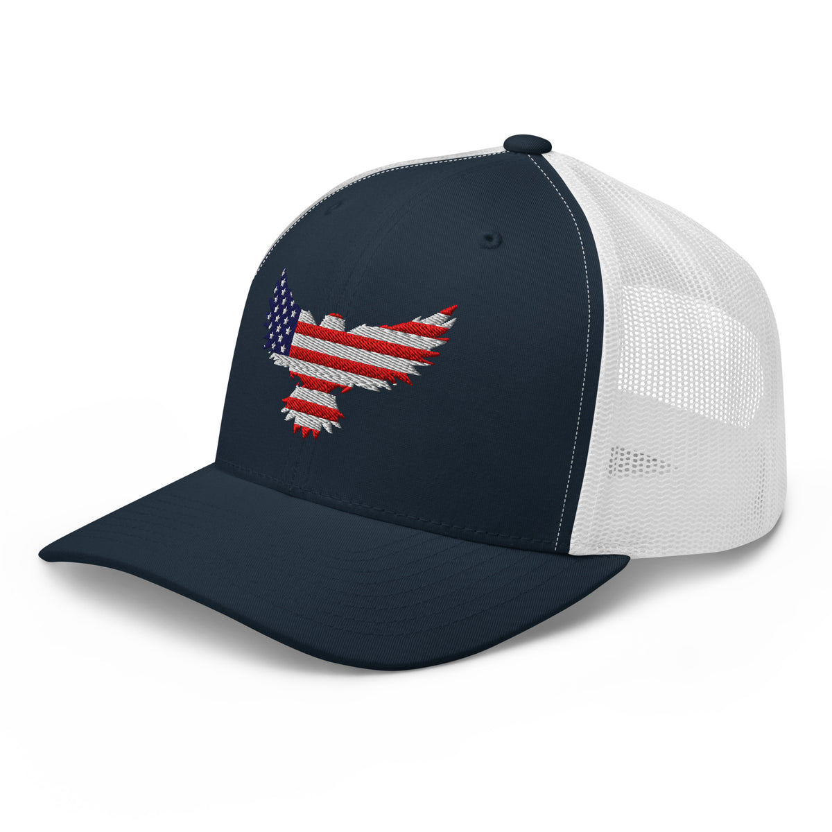 Navy White trucker snapback cap, left front view with Old Glory Eagle embroidery