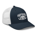 Navy White snapback trucker cap with embroidered INFIDEL War Pig design, right front view