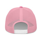 Pink snapback trucker cap with embroidered FAFO Power design, back view