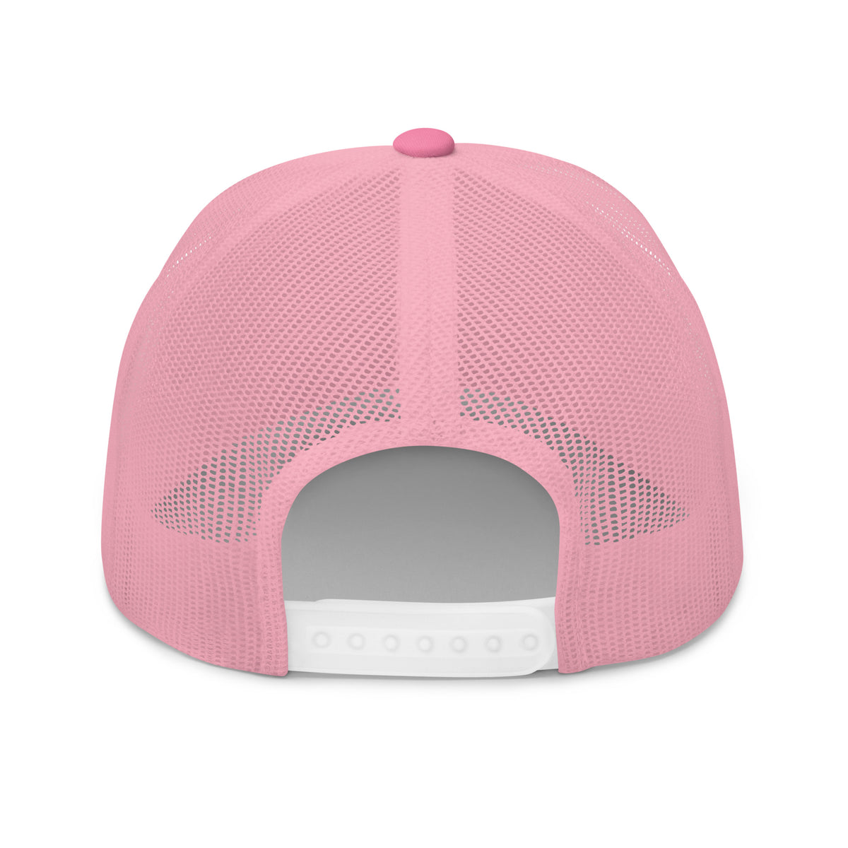 Pink snapback trucker cap with embroidered FAFO Power design, back view