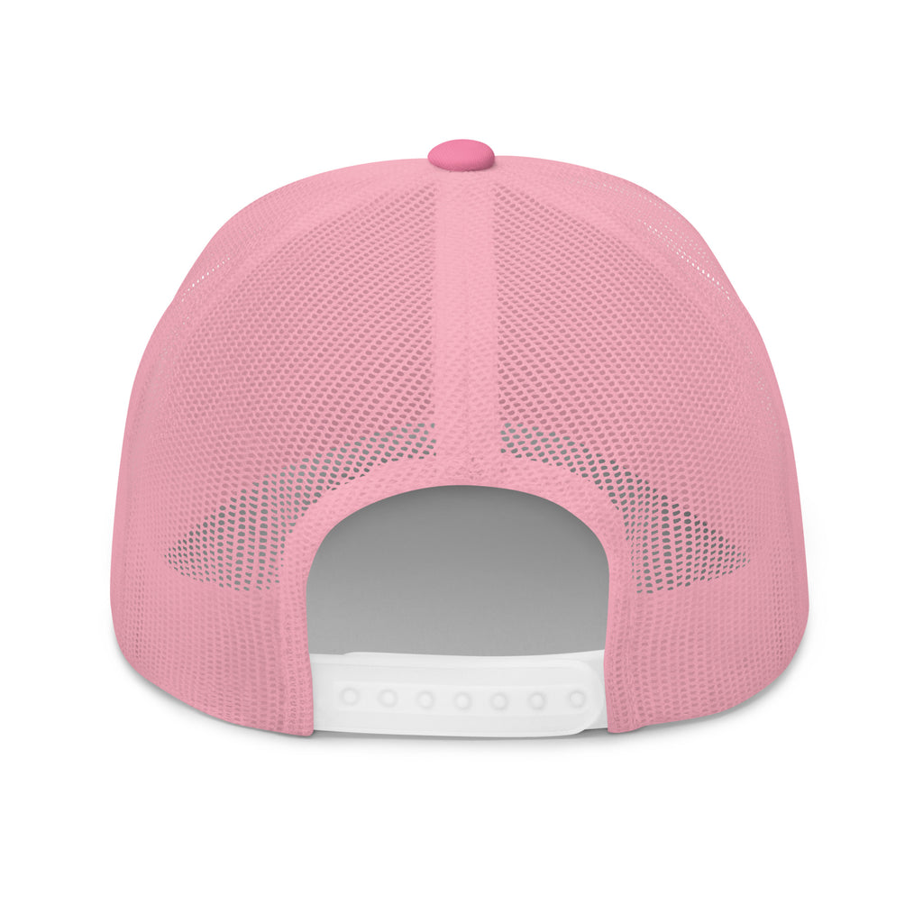 Pink snapback trucker cap with embroidered INFIDEL War Pig design, back view