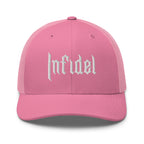 Pink, snapback hat, with embroidered OG INFIDEL mark, front view