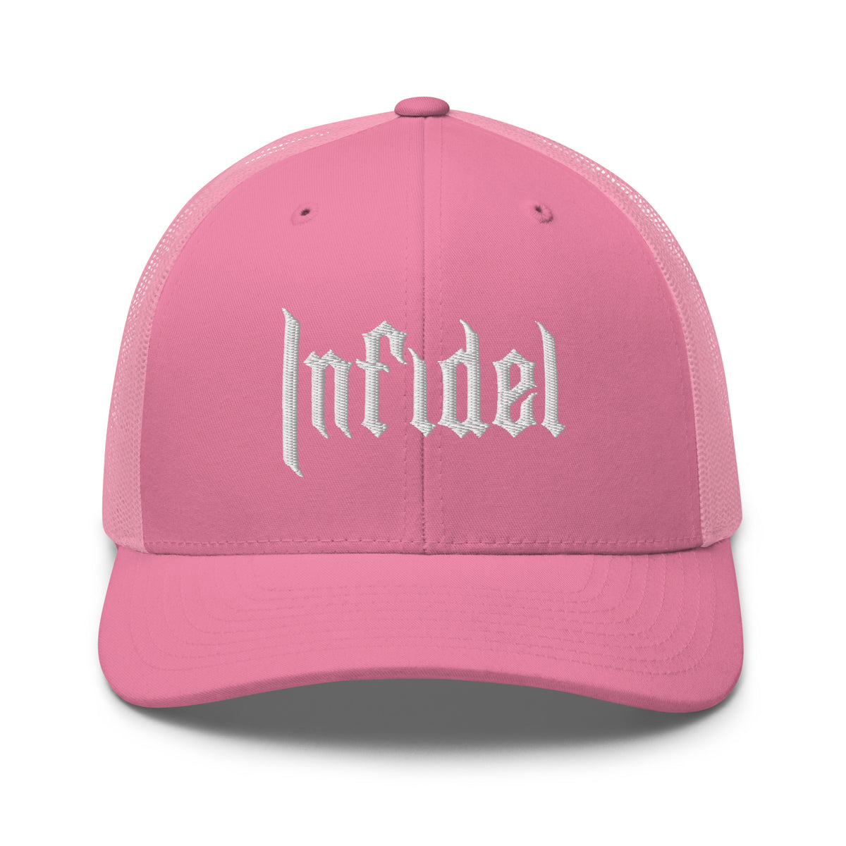 Pink, snapback hat, with embroidered OG INFIDEL mark, front view