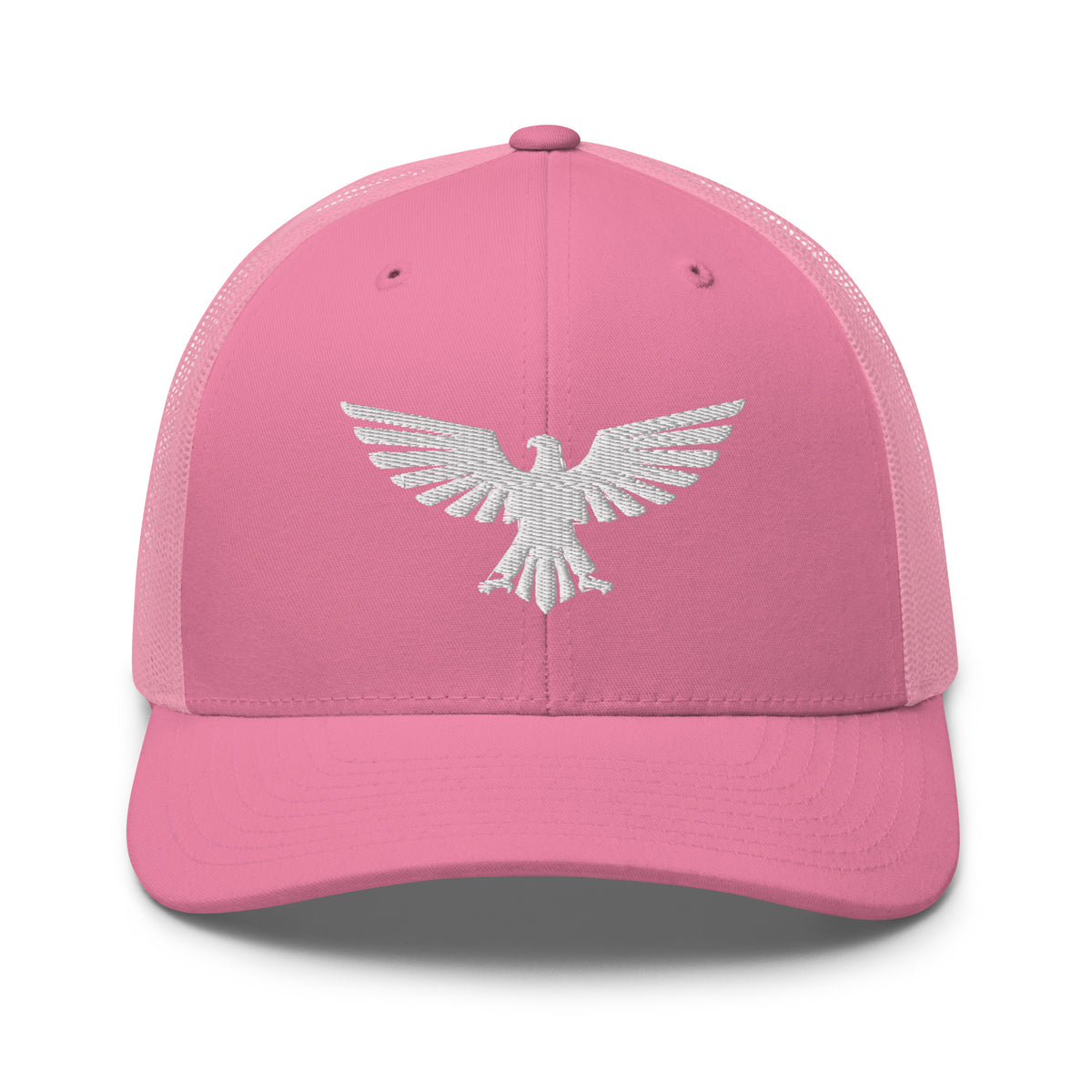 Pink, snapback hat, with embroidered patriotic eagle crest, front view