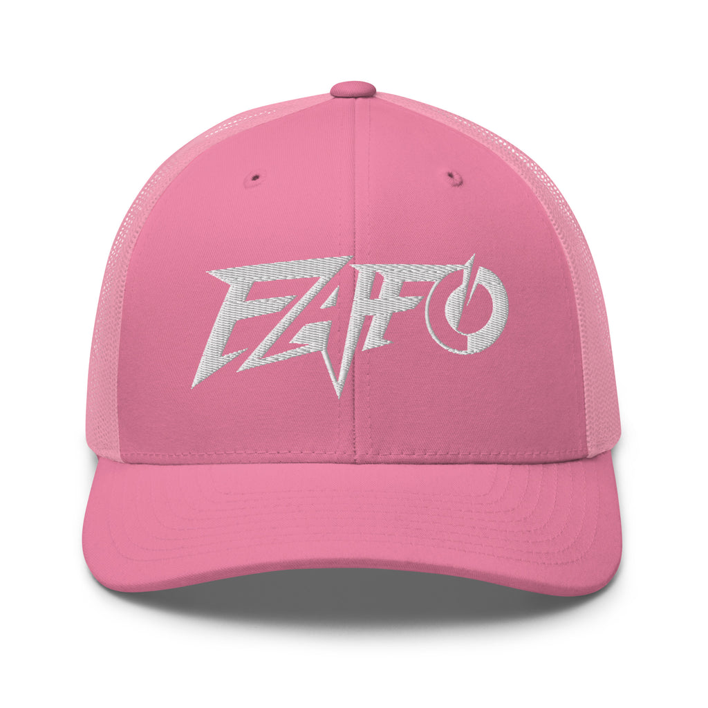 Pink snapback trucker cap with embroidered FAFO Power design, front view