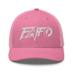 Pink snapback trucker cap with embroidered FAFO Power design, front view