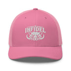 Pink snapback trucker cap with embroidered INFIDEL War Pig design, front view