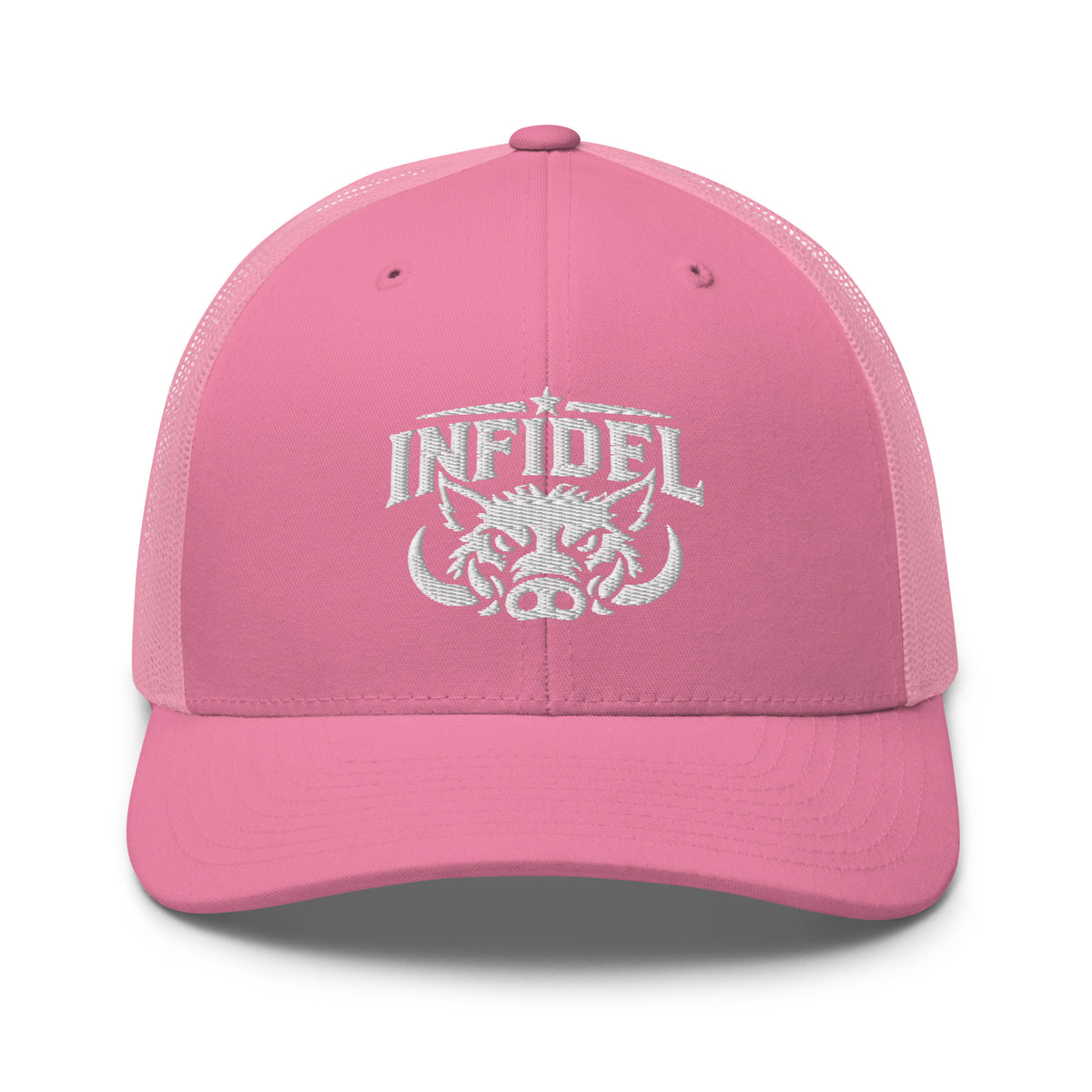 Pink snapback trucker cap with embroidered INFIDEL War Pig design, front view