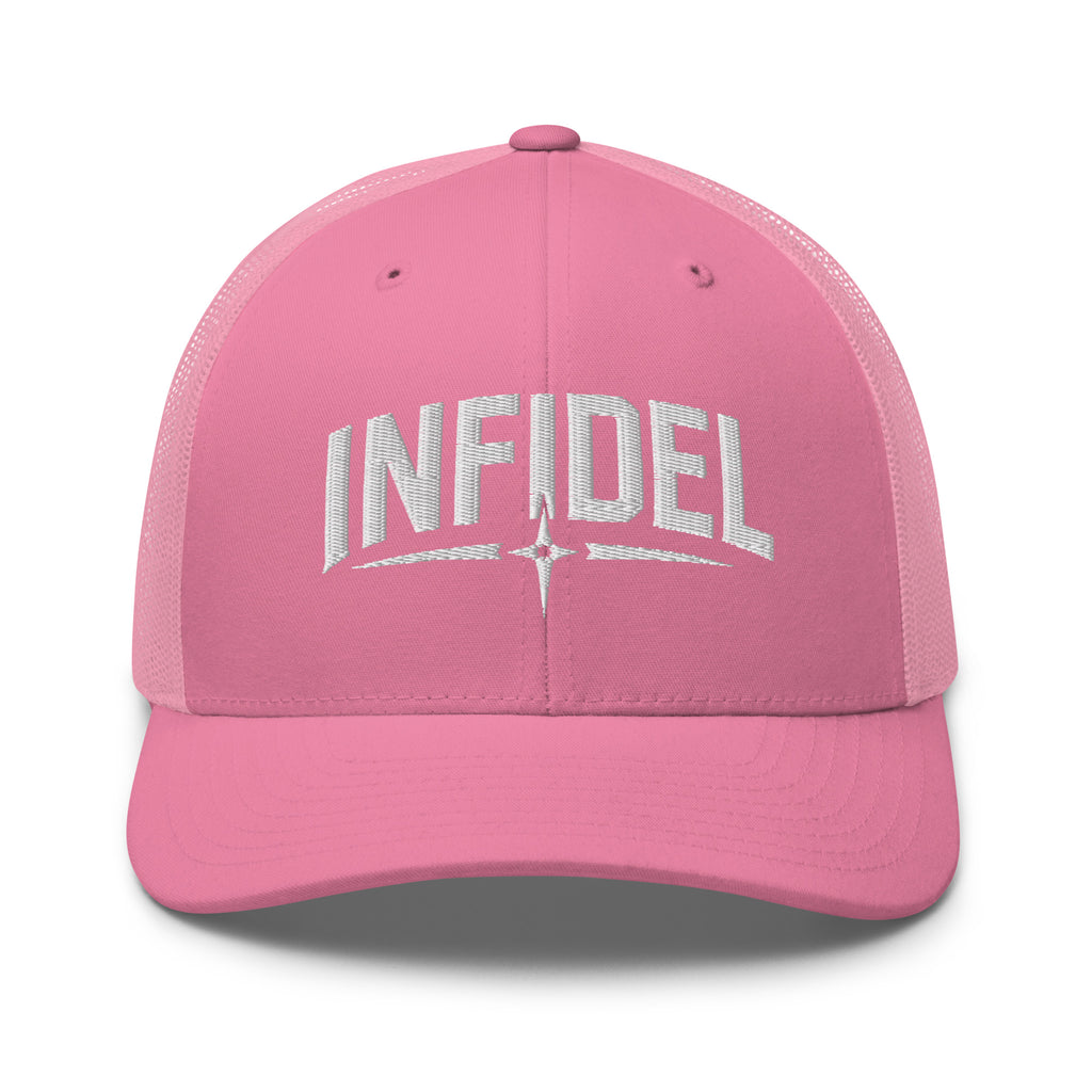 Pink snapback trucker cap with embroidered Infidel Spike design, front view