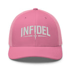Pink snapback trucker cap with embroidered Infidel Spike design, front view