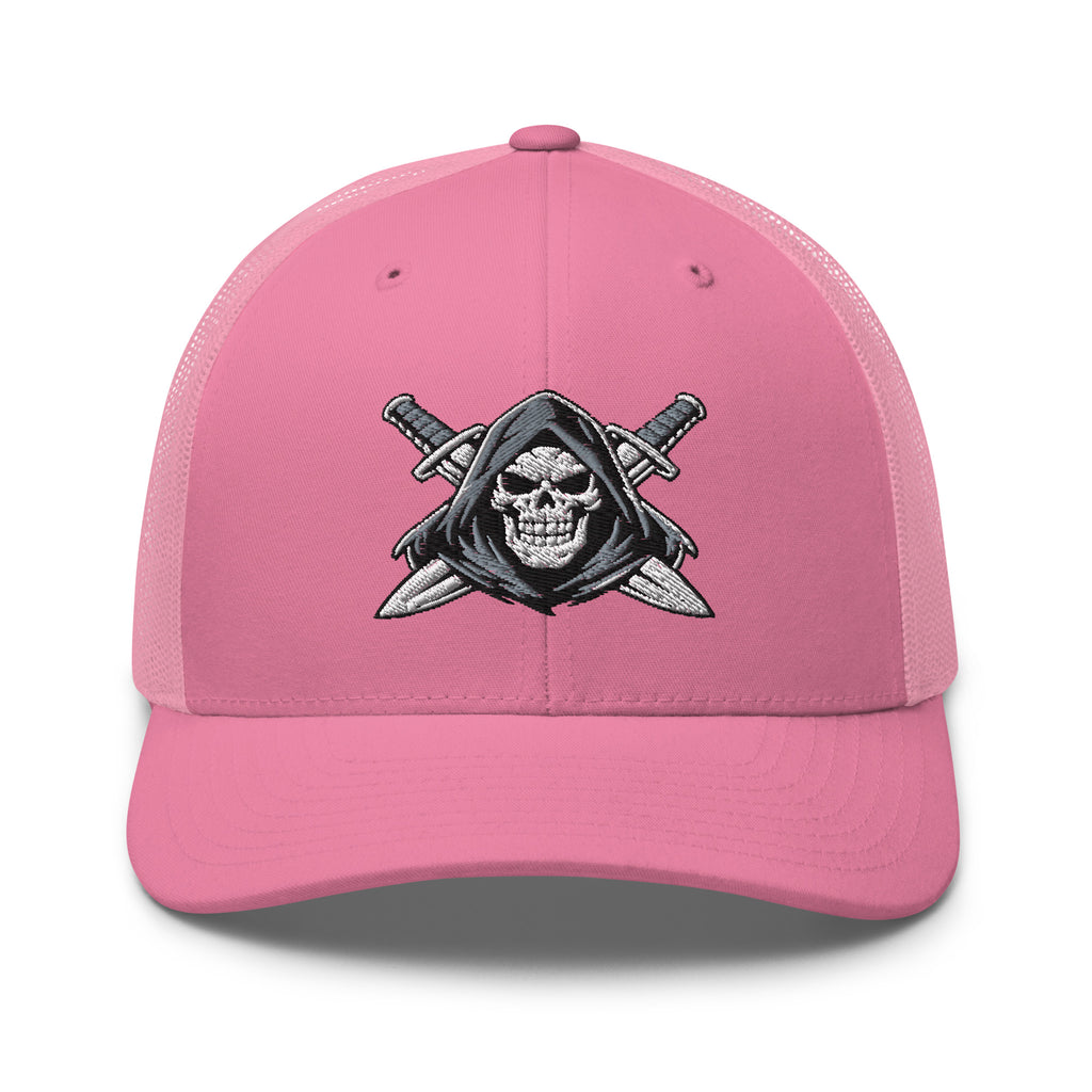 Pink snapback trucker cap with embroidered Only Fear Infidel reaper design, front view