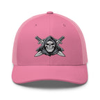 Pink snapback trucker cap with embroidered Only Fear Infidel reaper design, front view
