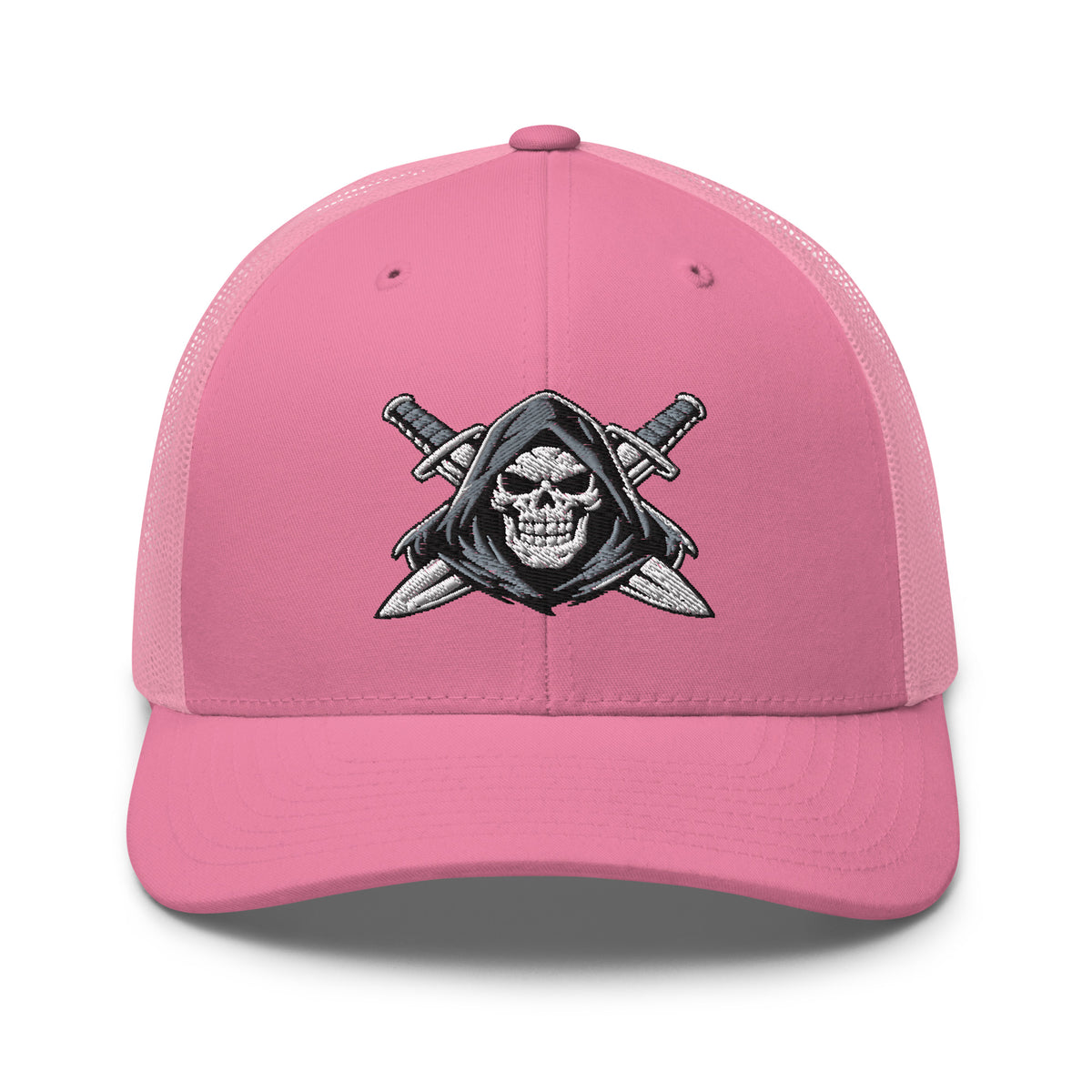 Pink snapback trucker cap with embroidered Only Fear Infidel reaper design, front view