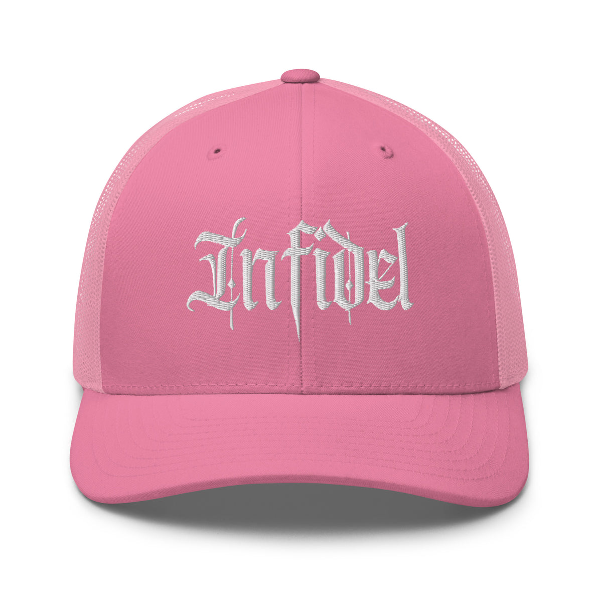 Pink snapback trucker cap with embroidered Infidel Script design, front view