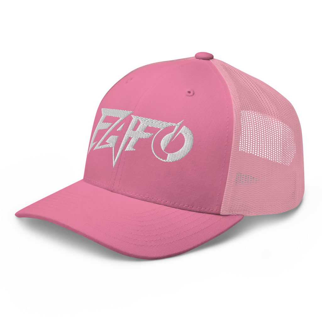 Pink snapback trucker cap with embroidered FAFO Power design, left front view