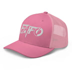 Pink snapback trucker cap with embroidered FAFO Power design, left front view