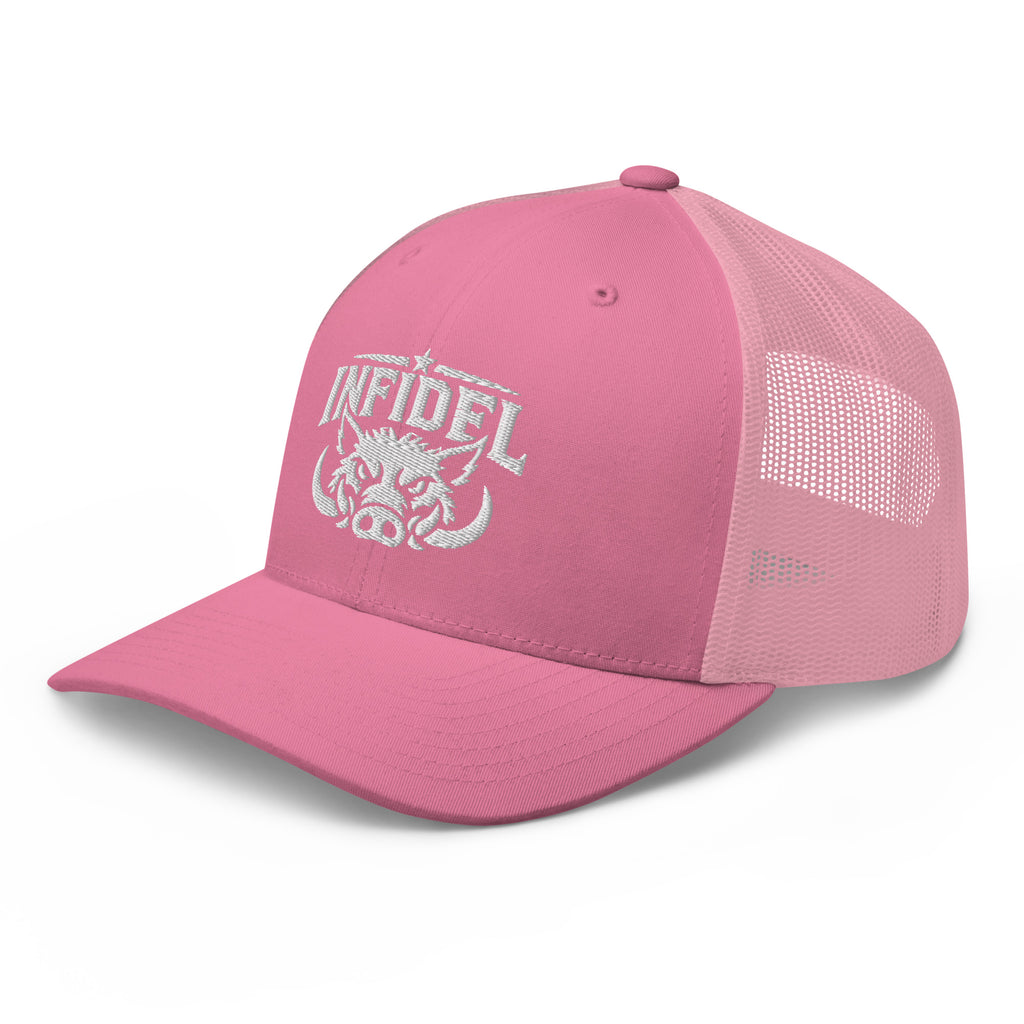 Pink snapback trucker cap with embroidered INFIDEL War Pig design, left front view