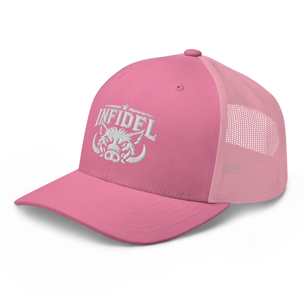 Pink snapback trucker cap with embroidered INFIDEL War Pig design, left front view