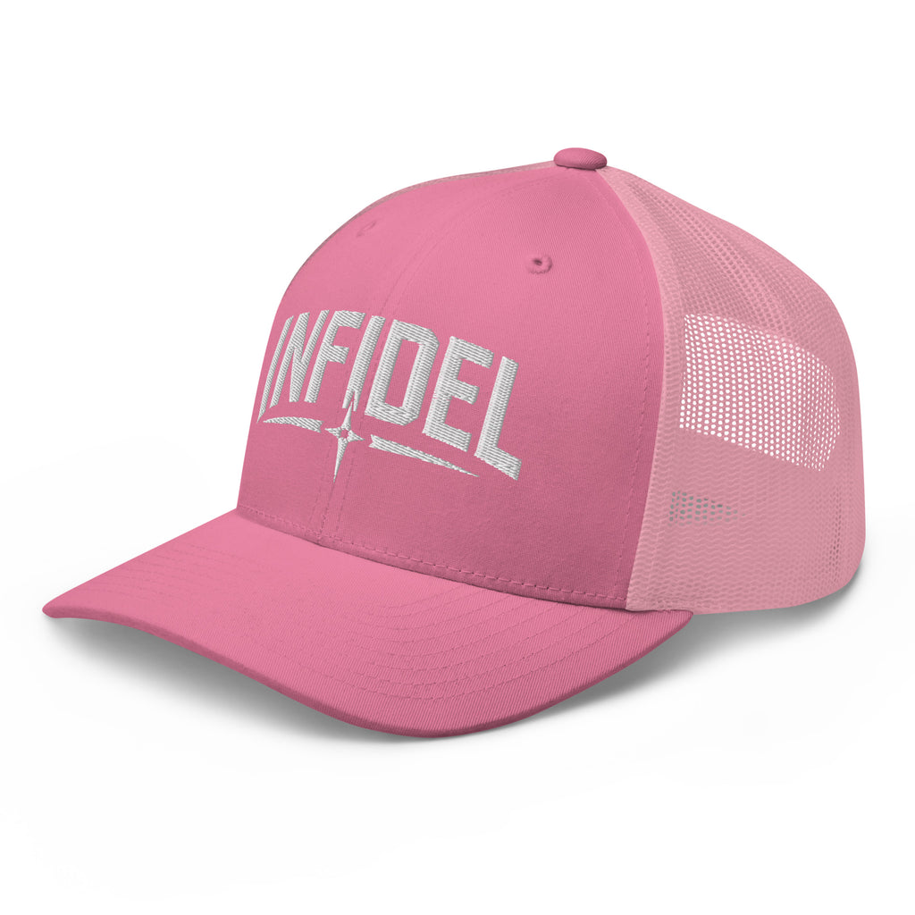 Pink snapback trucker cap with embroidered Infidel Spike design, left front view
