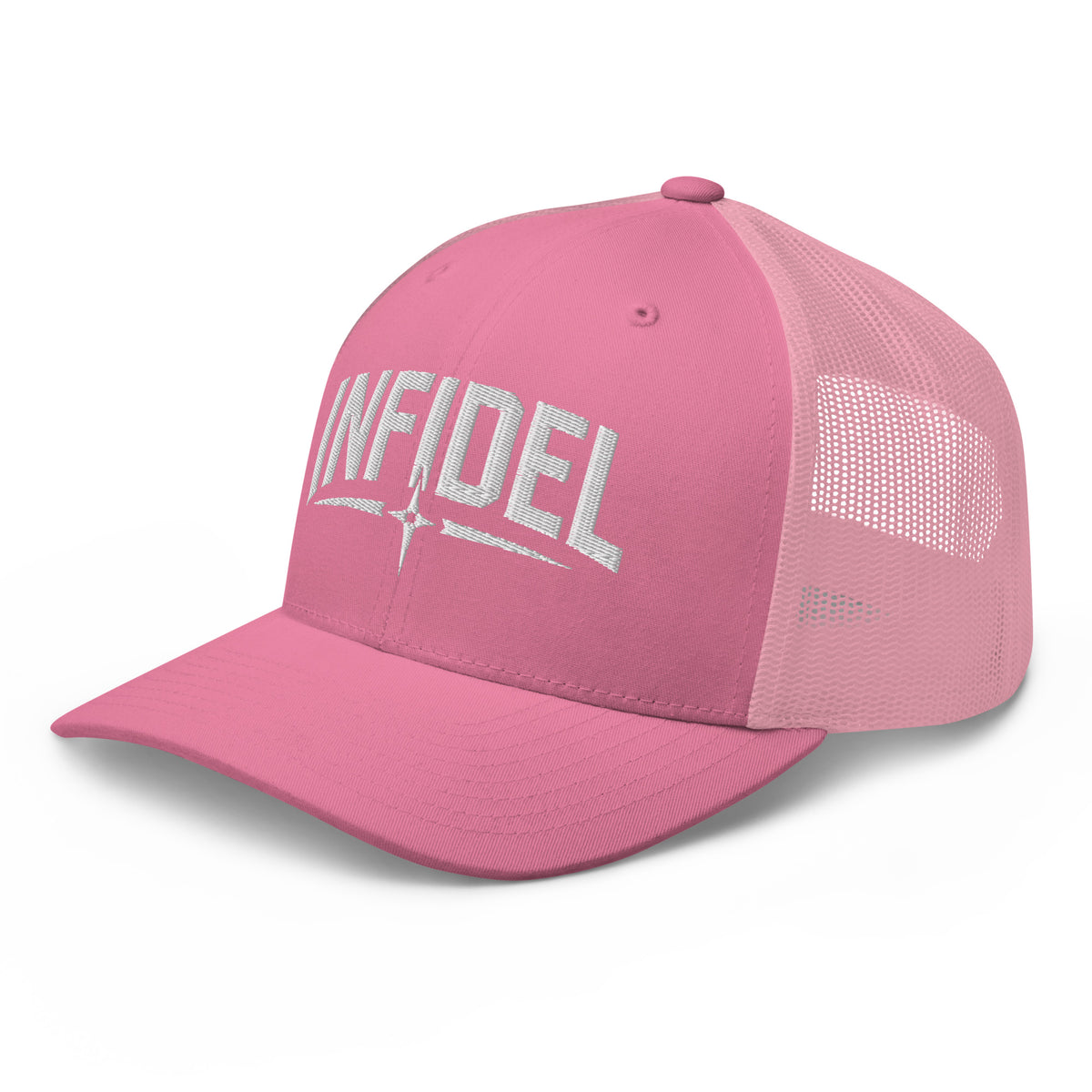 Pink snapback trucker cap with embroidered Infidel Spike design, left front view
