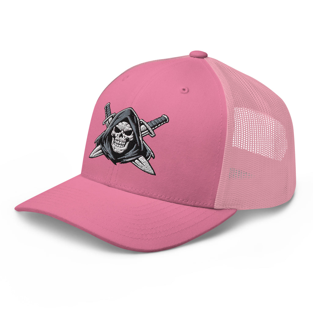 Pink snapback trucker cap with embroidered Only Fear Infidel reaper design, left front view