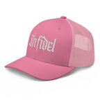 Pink snapback trucker cap with embroidered Infidel Script design, left front view