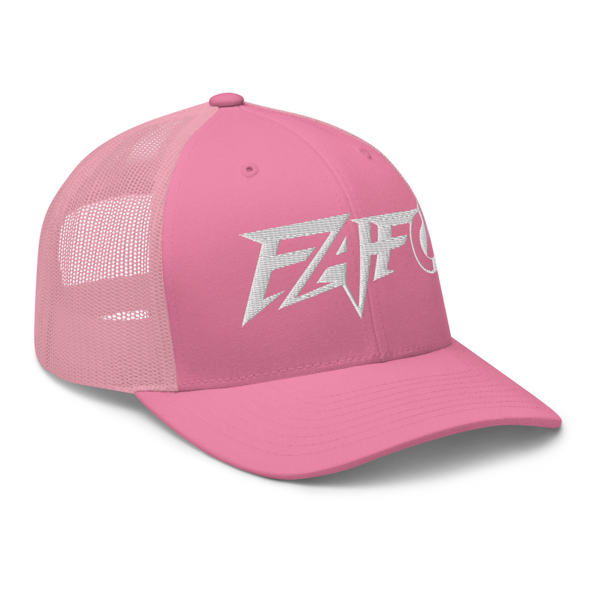 Pink snapback trucker cap with embroidered FAFO Power design, right front view