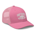 Pink snapback trucker cap with embroidered INFIDEL War Pig design, right front view