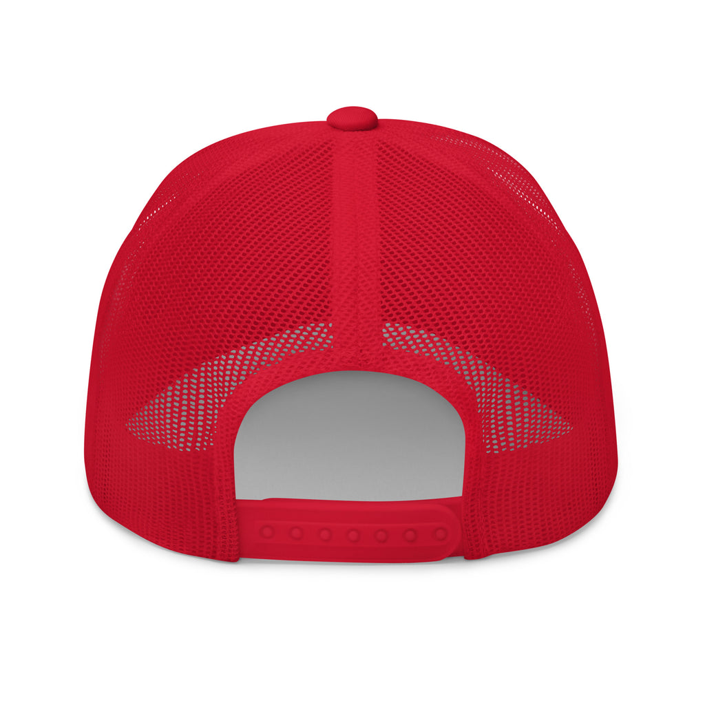 Red snapback trucker cap with embroidered FAFO Power design, back view